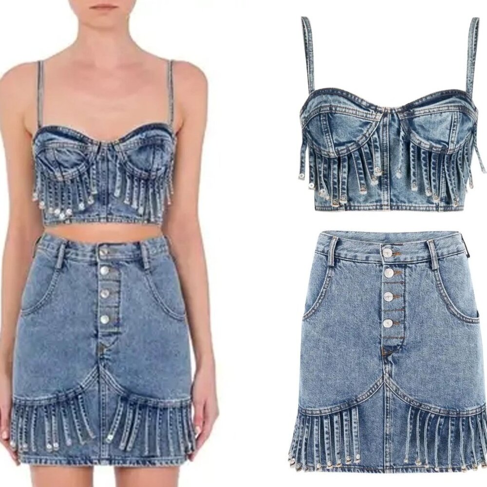 MOSCHINO JEANS DENIM BRA TOP MINI SKIRT SET FRINGE FANTASY BLUE SMALL XS BUSTIER